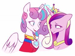Size: 2481x1849 | Tagged: safe, artist:chub-wub, princess cadance, princess flurry heart, alicorn, pony, g4, alternate hairstyle, clothes, crown, duo, female, glowing horn, horn, jewelry, levitation, magic, mother and child, mother and daughter, older, older flurry heart, open mouth, regalia, shirt, simple background, suit, telekinesis, white background