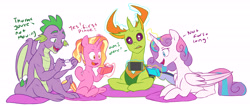 Size: 6900x2932 | Tagged: safe, artist:chub-wub, luster dawn, princess flurry heart, spike, thorax, alicorn, changedling, changeling, dragon, pony, unicorn, dialogue, female, gamer dawn, gamer flurry, gamer spike, gamer thorax, glowing horn, horn, king thorax, levitation, magic, male, mare, missing cutie mark, nintendo, nintendo switch, older, older flurry heart, older spike, open mouth, pillow, raised hoof, simple background, sitting, telekinesis, video game, white background, winged spike, wings