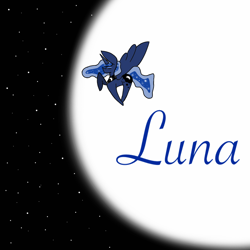 Size: 1080x1080 | Tagged: safe, artist:kittycatrittycat, princess luna, alicorn, pony, g4, cursive writing, cutie mark, eyes closed, flying, glowing, horn, moon, solo, stars, wings