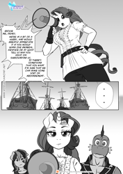 Size: 1200x1697 | Tagged: safe, artist:pia-sama, rainbow dash, rarity, spike, dragon, anthro, comic:rogue diamond, g4, ..., big breasts, breasts, busty rarity, clothes, comic, dialogue, female, looking at you, male, mare, megaphone, monochrome, older, older spike, ship, speech bubble
