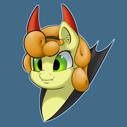 Size: 2000x2000 | Tagged: safe, artist:aquaticvibes, carrot top, golden harvest, earth pony, pony, g4, blue background, bust, clothes, costume, female, high res, mare, nightmare night costume, portrait, simple background, smiling, solo