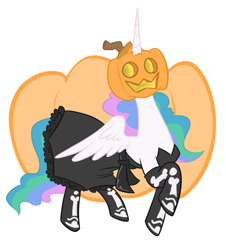 Size: 703x777 | Tagged: safe, artist:jargon scott, artist:threetwotwo32232, princess celestia, alicorn, pony, g4, clothes, costume, halloween, halloween costume, holiday, jack-o-lantern, pumpkin, pumpkin head, raised hoof, skeleton costume, spread wings, wings