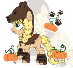 Size: 2966x2784 | Tagged: safe, artist:elberas, oc, oc only, oc:fresh prints, bear, earth pony, pony, blank flank, boots, clothes, female, gloves, high res, mare, markings, pelt, pumpkin, raised hoof, shoes, simple background, solo, white background, zoom layer