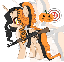 Size: 2942x2823 | Tagged: safe, artist:elberas, oc, oc only, oc:hallow-points, pony, unicorn, ak-47, assault rifle, belt, eyeshadow, female, freckles, gun, high res, makeup, mare, markings, rifle, simple background, solo, weapon, white background, zoom layer