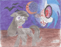 Size: 1096x850 | Tagged: safe, artist:semijuggalo, dj pon-3, octavia melody, vinyl scratch, bat, pony, my roommate is a vampire, g4, blood, floppy ears, moon, night, red eyes, traditional art, vinyl the vampire