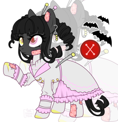Size: 2815x2908 | Tagged: safe, artist:elberas, oc, oc only, oc:plush patch, doll pony, earth pony, original species, pony, clothes, doll, dress, ear piercing, earring, female, heterochromia, high res, jewelry, mare, markings, needle, paperclip, patch, piercing, pin, raised hoof, simple background, socks, solo, stockings, thigh highs, white background, zoom layer