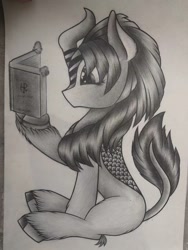 Size: 1080x1440 | Tagged: safe, oc, oc only, kirin, book, monochrome, photo, sketch, solo, traditional art