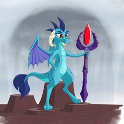 Size: 2560x2560 | Tagged: safe, artist:aquaticvibes, princess ember, dragon, g4, bloodstone scepter, dragon lord ember, dragoness, female, hand on hip, high res, smiling, solo
