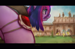 Size: 4000x2600 | Tagged: safe, artist:plotcore, twilight sparkle, pony, g4, castle, female, glowing horn, horn, jewelry, letterboxing, magic, royal guard, solo, subtitles