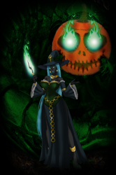 Size: 1984x2994 | Tagged: safe, artist:ponymaan, queen chrysalis, caterpillar, equestria girls, g4, breasts, busty queen chrysalis, equestria girls-ified, glowing eyes, halloween, holiday, magic wand, monster, nightmare night, pumpkin, witch, witch costume