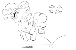 Size: 600x395 | Tagged: safe, artist:anonymous, pinkie pie, earth pony, pony, g4, /co/, 2010, 4chan, female, happy, hopping, lineart, mare, monochrome, pronking, simple background, solo, white background