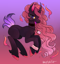 Size: 3776x4026 | Tagged: safe, artist:reallycoykoifish, pony, unicorn, curved horn, dark skin, fire magic, hooves, horn, jewelry, magic, necklace, short tail, teasing, tongue out
