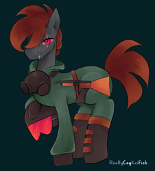 Size: 2105x2327 | Tagged: safe, artist:reallycoykoifish, earth pony, pony, clothes, commission, face mask, facial scar, gas mask, gun, high res, mask, military, red eyes, scar, shoes, weapon
