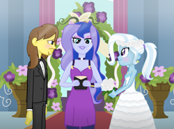 Size: 2917x2169 | Tagged: safe, artist:grapefruitface1, princess luna, trixie, vice principal luna, oc, oc:grapefruit face, equestria girls, g4, blushing, bowtie, canon x oc, clothes, dress, female, grapexie, high res, male, marriage, shipping, show accurate, straight, trixie day, tuxedo, wedding dress