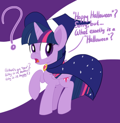 Size: 1458x1500 | Tagged: safe, artist:notadeliciouspotato, twilight sparkle, alicorn, pony, g4, abstract background, cape, clothes, confused, costume, dialogue, female, frown, halloween, hat, holiday, mare, open mouth, question mark, raised hoof, solo, speech bubble, talking, twilight sparkle (alicorn), witch costume, witch hat