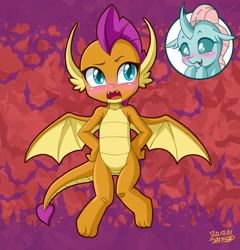 Size: 1000x1042 | Tagged: safe, alternate version, artist:uotapo, ocellus, smolder, changedling, changeling, dragon, g4, blushing, changeling x dragon, cute, female, lesbian, open mouth, ship:smolcellus, shipping, uotapo is trying to murder us, weapons-grade cute