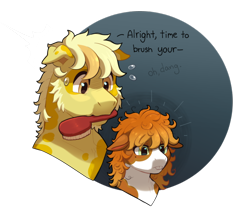 Size: 780x650 | Tagged: safe, artist:lastnight-light, oc, oc only, oc:cheddar cheese, oc:colby jack, earth pony, pony, brush, colt, male, mouth hold, simple background, transparent background