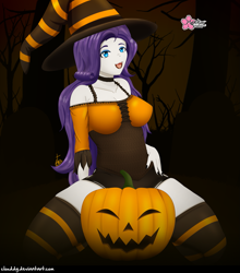 Size: 1251x1420 | Tagged: safe, artist:clouddg, rarity, equestria girls, g4, clothes, costume, female, halloween, halloween costume, hat, holiday, kneeling, multiple variants, open mouth, pumpkin, socks, solo, striped socks, thigh highs, witch, witch hat