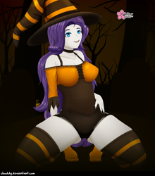 Size: 1251x1420 | Tagged: safe, alternate version, artist:clouddg, rarity, equestria girls, g4, breasts, busty rarity, cleavage, clothes, costume, female, halloween, halloween costume, hat, holiday, kneeling, looking at you, multiple variants, socks, solo, stocking feet, striped socks, thigh highs, witch, witch hat