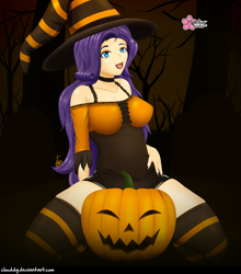 Size: 1251x1420 | Tagged: safe, alternate version, artist:clouddg, rarity, human, equestria girls, g4, clothes, costume, female, halloween, halloween costume, hat, holiday, human coloration, humanized, kneeling, multiple variants, open mouth, pumpkin, socks, solo, striped socks, thigh highs, witch, witch hat