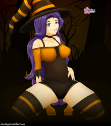 Size: 1251x1420 | Tagged: safe, alternate version, artist:clouddg, rarity, human, equestria girls, g4, breasts, busty rarity, cleavage, clothes, costume, female, halloween, halloween costume, hat, holiday, human coloration, humanized, kneeling, looking at you, multiple variants, open mouth, socks, solo, stocking feet, striped socks, thigh highs, witch, witch hat