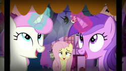 Size: 1920x1080 | Tagged: safe, screencap, amethyst star, fluttershy, sparkler, twinkleshine, pegasus, pony, unicorn, g4, scare master, female, magic, mare, telekinesis