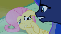 Size: 1280x720 | Tagged: safe, screencap, fluttershy, princess luna, pegasus, pony, g4, luna eclipsed, female, mare, scared