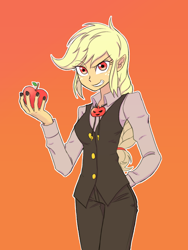 Size: 1620x2160 | Tagged: safe, artist:haibaratomoe, applejack, equestria girls, g4, apple, arm behind back, clothes, dracula, female, food, orange background, red eyes, simple background, solo, suit