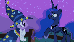 Size: 1280x720 | Tagged: safe, screencap, princess luna, twilight sparkle, alicorn, pony, unicorn, g4, luna eclipsed, clothes, cosplay, costume, female, mare, nightmare night costume, star swirl the bearded costume, twilight the bearded