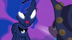 Size: 1280x720 | Tagged: safe, screencap, princess luna, twilight sparkle, alicorn, pony, unicorn, g4, luna eclipsed, clothes, cosplay, costume, female, glowing eyes, mare, nightmare night costume, star swirl the bearded costume, traditional royal canterlot voice, twilight the bearded