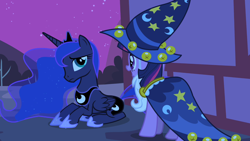 Size: 1280x720 | Tagged: safe, screencap, princess luna, twilight sparkle, alicorn, pony, unicorn, g4, luna eclipsed, clothes, cosplay, costume, female, mare, nightmare night costume, star swirl the bearded costume, twilight the bearded