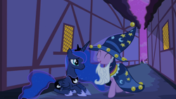 Size: 1280x720 | Tagged: safe, screencap, princess luna, twilight sparkle, alicorn, pony, unicorn, g4, luna eclipsed, clothes, cosplay, costume, female, mare, nightmare night costume, star swirl the bearded costume, twilight the bearded