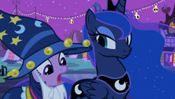 Size: 1280x720 | Tagged: safe, screencap, princess luna, twilight sparkle, alicorn, pony, unicorn, g4, luna eclipsed, clothes, cosplay, costume, female, mare, nightmare night costume, star swirl the bearded costume, twilight the bearded, unicorn twilight