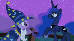 Size: 1280x720 | Tagged: safe, screencap, princess luna, twilight sparkle, alicorn, pony, unicorn, g4, luna eclipsed, clothes, cosplay, costume, female, jewelry, mare, nightmare night costume, raised hoof, regalia, star swirl the bearded costume, twilight the bearded