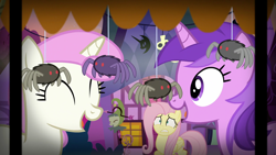 Size: 1920x1080 | Tagged: safe, screencap, amethyst star, fluttershy, sparkler, twinkleshine, pegasus, pony, spider, unicorn, g4, scare master, female, giggling, mare