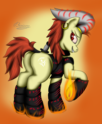 Size: 1321x1597 | Tagged: safe, artist:bomzzzik, oc, oc only, demon, demon pony, earth pony, original species, pony, armor, butt, digital art, earth pony oc, evil, evil smile, fanart, fire, grin, horns, magic, plot, smiling, solo