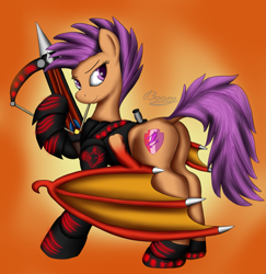 Size: 1659x1709 | Tagged: safe, artist:bomzzzik, scootaloo, demon, demon pony, original species, pegasus, pony, g4, armor, bat wings, butt, crossbow, digital art, dock, evil, fanart, plot, solo, species swap, wings