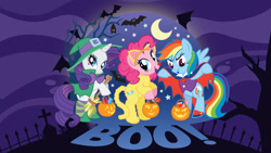 Size: 2560x1440 | Tagged: source needed, safe, pinkie pie, rainbow dash, rarity, bat, mouse, pony, unicorn, g4, animal costume, cat costume, clothes, costume, fangs, female, halloween, hat, holiday, mare, mole, moon, night, pumpkin, stars, stock vector, witch, witch costume, witch hat