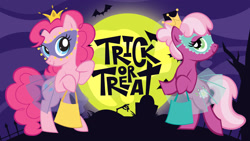 Size: 2560x1440 | Tagged: source needed, safe, idw, cheerilee, pinkie pie, bat, pony, g4, bag, crown, female, halloween, holiday, house, jewelry, mare, mask, moon, night, queen, regalia, solo, stock vector, trick or treat, wrong cutie mark