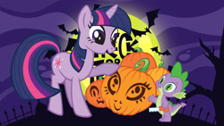 Size: 2560x1440 | Tagged: source needed, safe, spike, twilight sparkle, bat, dragon, pony, unicorn, g4, female, halloween, holiday, house, male, mare, moon, night, pumpkin, smiling, stock vector, tree, trick or treat, unicorn twilight