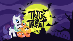 Size: 2560x1440 | Tagged: source needed, safe, rarity, pony, unicorn, g4, color, female, halloween, holiday, horn, house, mare, moon, night, pumpkin, stock vector, tree, trick or treat