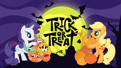 Size: 2560x1440 | Tagged: safe, applejack, rarity, bat, pony, unicorn, g4, color, cutie mark, female, halloween, holiday, horn, house, mare, moon, night, pumpkin, stock vector, tree, trick or treat