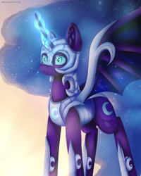 Size: 2000x2500 | Tagged: source needed, safe, artist:brilliant-luna, nightmare moon, alicorn, pony, g4, armor, bat wings, ear fluff, ethereal mane, female, high res, jewelry, regalia, solo, starry mane, wings