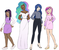 Size: 1413x1192 | Tagged: safe, artist:unicorngutz, princess cadance, princess celestia, princess luna, twilight sparkle, human, g4, alternate hairstyle, belt, clothes, dark skin, diversity, dress, feet, female, grin, group, high heels, humanized, jeans, jewelry, lipstick, makeup, mary janes, necklace, pale skin, pants, royal sisters, sandals, shirt, shoes, simple background, sisters, skirt, smiling, step-siblings, stockings, sweater, thigh highs, white background