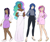 Size: 1413x1192 | Tagged: safe, artist:unicorngutz, princess cadance, princess celestia, princess luna, twilight sparkle, human, g4, alternate hairstyle, belt, clothes, dark skin, diversity, dress, feet, female, grin, group, high heels, humanized, jeans, jewelry, lipstick, makeup, mary janes, necklace, pale skin, pants, royal sisters, sandals, shirt, shoes, simple background, sisters, skirt, smiling, step-siblings, stockings, sweater, thigh highs, white background
