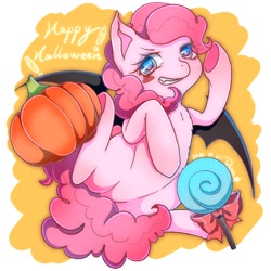 Size: 1000x1000 | Tagged: safe, artist:roya, pinkie pie, earth pony, pony, g4, bat wings, blushing, candy, food, halloween, holiday, lollipop, pumpkin, solo, wings