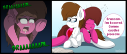 Size: 4650x2000 | Tagged: safe, artist:aarondrawsarts, oc, oc:brain teaser, oc:rose bloom, earth pony, pony, zombie, bored, brainbloom, chest fluff, comic, drool, earth pony oc, female, glasses, halloween, holiday, lying down, lying on top of someone, male, mare, messy mane, nightmare night, oc x oc, shipping, stallion, straight, tired