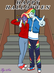 Size: 1106x1500 | Tagged: safe, artist:linedraweer, rainbow dash, oc, oc:rainbow lightspeed, human, equestria girls, g4, clothes, commission, converse, costume, equestria guys, halloween, halloween costume, happy halloween, holiday, humanized, peace sign, r63 oc, rainbow blitz, rule 63, shoes