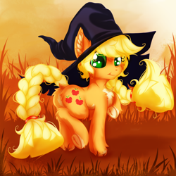 Size: 2500x2500 | Tagged: safe, artist:rurihal, applejack, earth pony, pony, g4, alternate hairstyle, braid, braided tail, butt, chest fluff, clothes, costume, cute, ear fluff, female, fluffy, grass, halloween, halloween costume, hat, high res, holiday, jackabetes, mare, plot, raised hoof, raised leg, smiling, solo, underhoof, witch hat