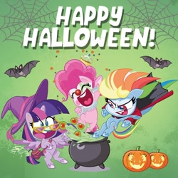 Size: 1080x1080 | Tagged: safe, pinkie pie, rainbow dash, twilight sparkle, alicorn, bat, earth pony, pegasus, pony, vampire, g4.5, my little pony: pony life, official, cauldron, clothes, clown, costume, halloween, halloween costume, happy halloween, holiday, instagram, pumpkin, spider web, twilight sparkle (alicorn), witch